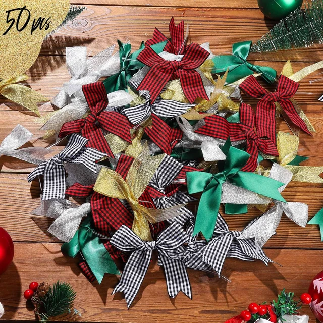 Alt view image 5 of 7 - Christmas Bows, 50 PCS Twist Tie Christmas Tree Bow, 3.3 Inch Buffalo Plaid Bows Glitter Gold Silver Bow for Crafts, for Christmas Decor, Gift Wrapping, Party
