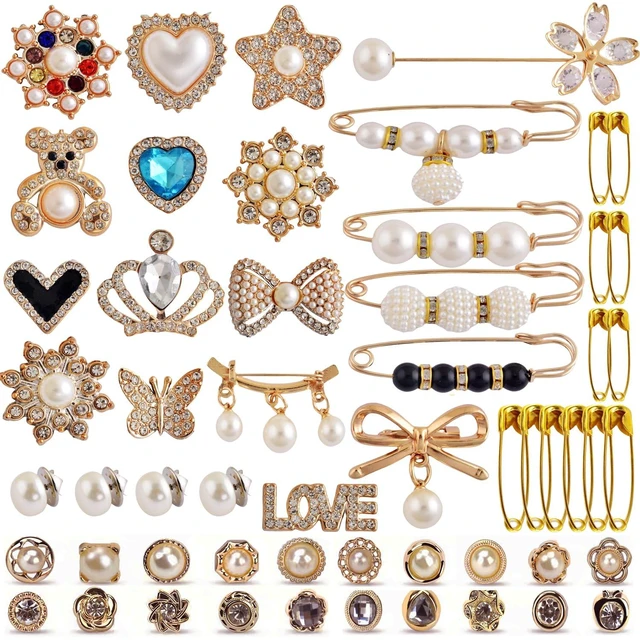 Main image of Charms for Socks Safety Pin Brooch,55pcs Junk Sock Charms Pins Gold Bling Sock Jewelry Charms,Brooch Pins for Socks,Pearl Rhinestone Brooch Pins Costom Shoe Sock Charms Kit Bulk for Hat Clothes