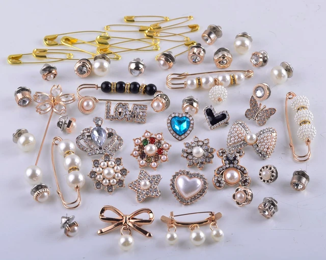 Alt view image 2 of 7 - Charms for Socks Safety Pin Brooch,55pcs Junk Sock Charms Pins Gold Bling Sock Jewelry Charms,Brooch Pins for Socks,Pearl Rhinestone Brooch Pins Costom Shoe Sock Charms Kit Bulk for Hat Clothes