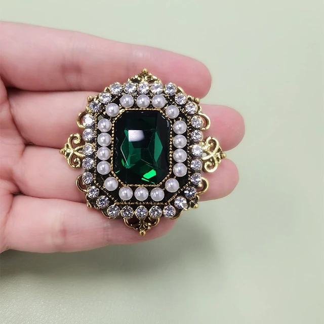 Alt view image 4 of 6 - Antique Rhinestone Brooch Pin for Women Girls Gold Tone Vintage Baroque Rectangle Crystal Shell Pearl Victorian Style Brooches Lapel Pins Elegant St Patrick's Day Festival Ornament Jewelry Gift