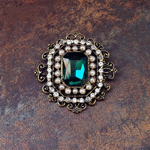 Alt view image 6 of 6 - Antique Rhinestone Brooch Pin for Women Girls Gold Tone Vintage Baroque Rectangle Crystal Shell Pearl Victorian Style Brooches Lapel Pins Elegant St Patrick's Day Festival Ornament Jewelry Gift