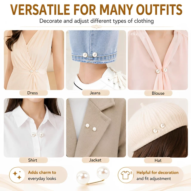 Alt view image 3 of 7 - 8Pcs Pearl Pins for Clothes,Faux Pearl Brooches for Women | Decorative Pearl Safety Pins Pant Hem Clips Length Adjuster for Weddings, Proms & Dinners