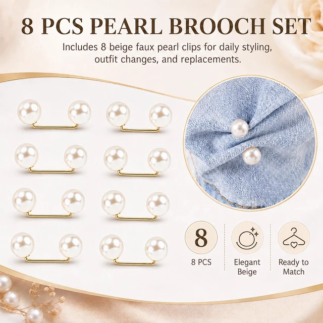 Alt view image 5 of 7 - 8Pcs Pearl Pins for Clothes,Faux Pearl Brooches for Women | Decorative Pearl Safety Pins Pant Hem Clips Length Adjuster for Weddings, Proms & Dinners