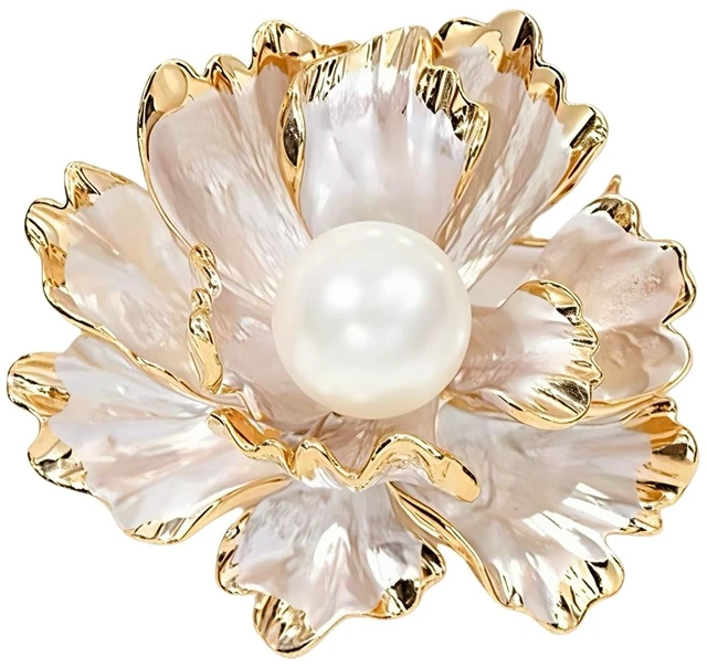 Main image of Peony Flower Brooch Pin Enamel Pearl Brooch Lapel Pin Elegant Floral Corsage For Women Wedding Party Suit Dress Coat Jewelry Gift (White)