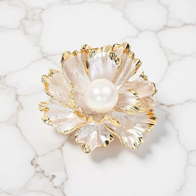 Alt view image 6 of 6 - Peony Flower Brooch Pin Enamel Pearl Brooch Lapel Pin Elegant Floral Corsage For Women Wedding Party Suit Dress Coat Jewelry Gift (White)