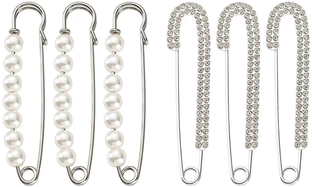Main image of 6 Pcs Pearl & Rhinestone Safety Pin Brooches, Decorative Sweater Shawl Pins for Skirts, Scarves, Hijabs, Lapel Hats, Suit Jackets, Clothing Accessories (3 Pearl Pins + 3 Rhinestone Pins)