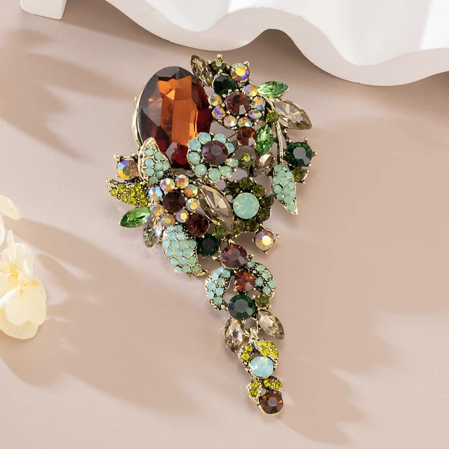 Alt view image 3 of 5 - Long Brown&Green Brooch Pin for Women Wedding Party Brooch Pendant