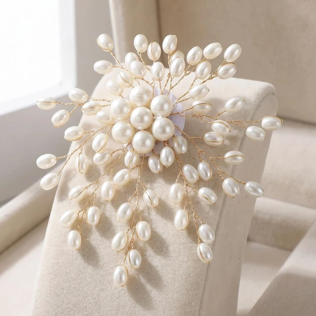 Alt view image 6 of 6 - Large Pearl Brooches for Women, White Flower Pearl Brooch Pin Snowflake Design, Vintage Sparkling Brooch for Wedding Party, Lightweight 3x2.36 inch Faux Pearls Jewelry Gift