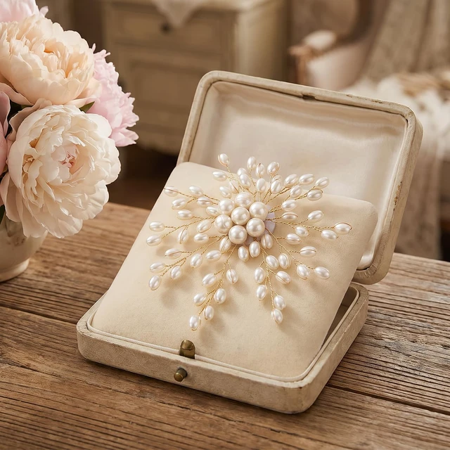 Alt view image 5 of 6 - Large Pearl Brooches for Women, White Flower Pearl Brooch Pin Snowflake Design, Vintage Sparkling Brooch for Wedding Party, Lightweight 3x2.36 inch Faux Pearls Jewelry Gift