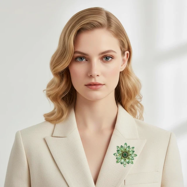 Alt view image 4 of 7 - Green Large Crystal Flower Brooch Pin, Rhinestone Floral Lapel Pin | large crystal flower brooch,sparkling rhinestone floral design,lapel pin for dress, suit, hat & bag,party wedding accessory