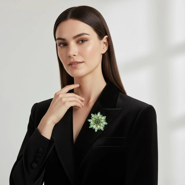 Alt view image 5 of 7 - Green Large Crystal Flower Brooch Pin, Rhinestone Floral Lapel Pin | large crystal flower brooch,sparkling rhinestone floral design,lapel pin for dress, suit, hat & bag,party wedding accessory