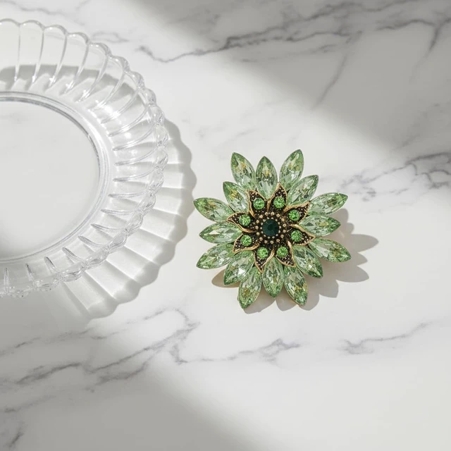 Alt view image 7 of 7 - Green Large Crystal Flower Brooch Pin, Rhinestone Floral Lapel Pin | large crystal flower brooch,sparkling rhinestone floral design,lapel pin for dress, suit, hat & bag,party wedding accessory