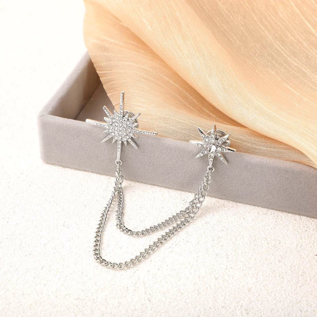 Alt view image 3 of 7 - Silver Rhinestone Star Brooch for Women, Crystal Snowflake Brooch Lapel Pins Fashion Broach Pin Dress Suit Accessories with Tassel Chain Clothing Clip Broach for Women Men(Silver)
