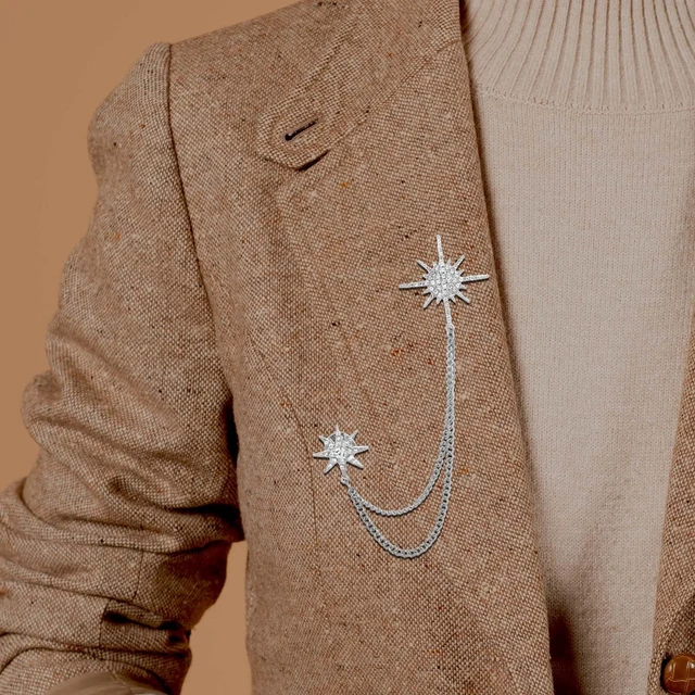 Alt view image 7 of 7 - Silver Rhinestone Star Brooch for Women, Crystal Snowflake Brooch Lapel Pins Fashion Broach Pin Dress Suit Accessories with Tassel Chain Clothing Clip Broach for Women Men(Silver)