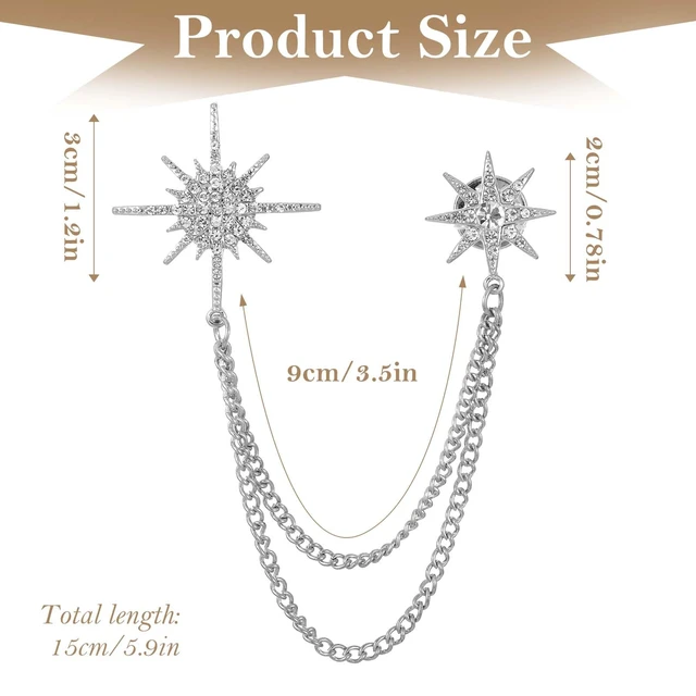 Alt view image 5 of 7 - Silver Rhinestone Star Brooch for Women, Crystal Snowflake Brooch Lapel Pins Fashion Broach Pin Dress Suit Accessories with Tassel Chain Clothing Clip Broach for Women Men(Silver)