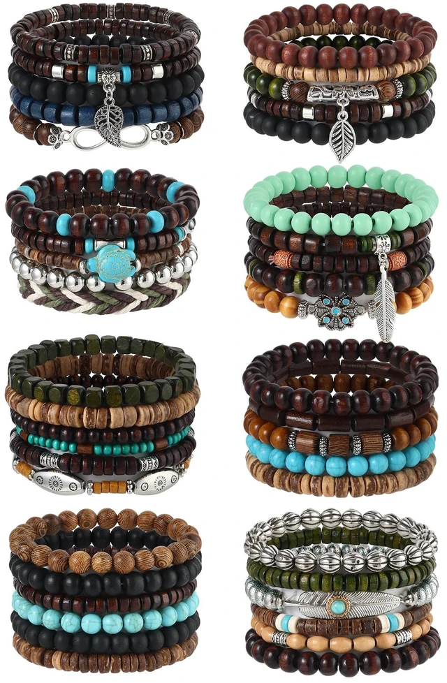 Main image of 43Pcs Punk Wooden Beads Bracelets Gothic Bracelet for Men | Adjustable Vintage Beaded Bracelet Metal Set Wood Bangles Wristbands Commemorative Gift