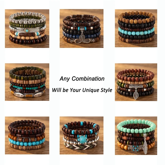 Alt view image 2 of 6 - 43Pcs Punk Wooden Beads Bracelets Gothic Bracelet for Men | Adjustable Vintage Beaded Bracelet Metal Set Wood Bangles Wristbands Commemorative Gift