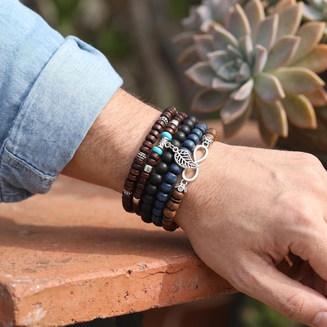 Alt view image 4 of 6 - 43Pcs Punk Wooden Beads Bracelets Gothic Bracelet for Men | Adjustable Vintage Beaded Bracelet Metal Set Wood Bangles Wristbands Commemorative Gift