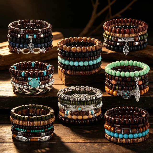 Alt view image 6 of 6 - 43Pcs Punk Wooden Beads Bracelets Gothic Bracelet for Men | Adjustable Vintage Beaded Bracelet Metal Set Wood Bangles Wristbands Commemorative Gift