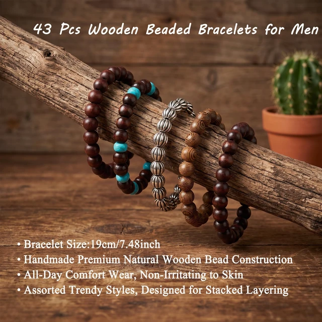 Alt view image 5 of 6 - 43Pcs Punk Wooden Beads Bracelets Gothic Bracelet for Men | Adjustable Vintage Beaded Bracelet Metal Set Wood Bangles Wristbands Commemorative Gift