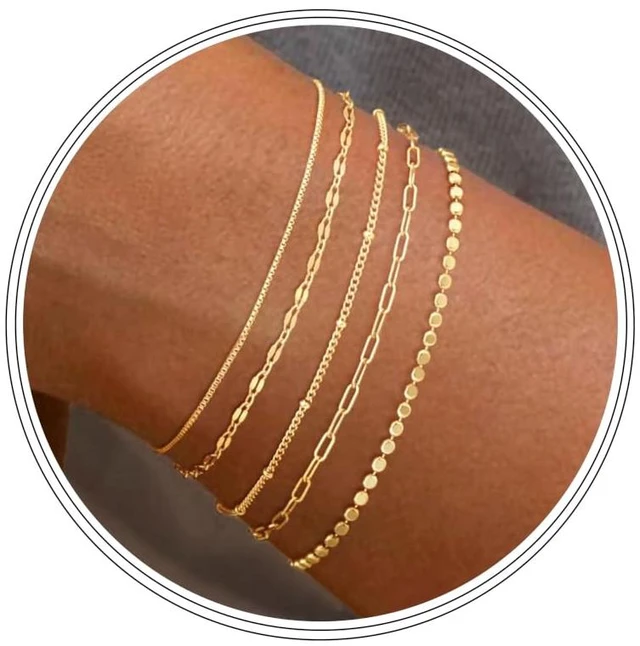 Main image of Dainty Gold Bracelets for Women Non Tarnish | 14K Gold Plated Stackable Bracelet Set Tiny Minimalist Cute Thin Bracelets