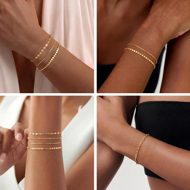 Alt view image 3 of 7 - Dainty Gold Bracelets for Women Non Tarnish | 14K Gold Plated Stackable Bracelet Set Tiny Minimalist Cute Thin Bracelets
