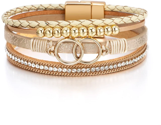 Main image of Leather Wrap Bracelet for Women, Boho Western Layered Cuff Jewelry | Double Circle Khaki, Stackable Bracelets, Easy-On Clasp, Daily Wear, Pairs with Boho Western Outfits, Gift for Women