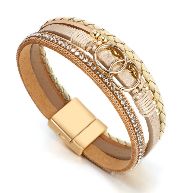Alt view image 2 of 6 - Leather Wrap Bracelet for Women, Boho Western Layered Cuff Jewelry | Double Circle Khaki, Stackable Bracelets, Easy-On Clasp, Daily Wear, Pairs with Boho Western Outfits, Gift for Women