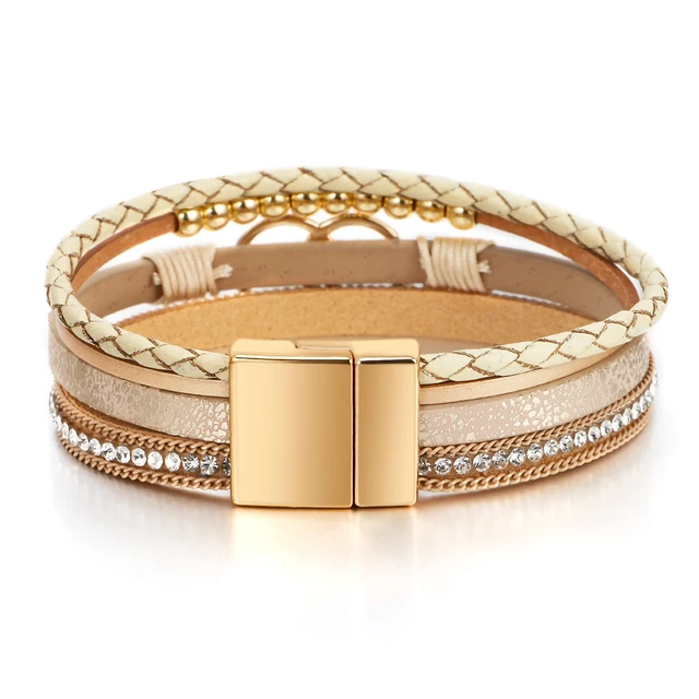 Alt view image 3 of 6 - Leather Wrap Bracelet for Women, Boho Western Layered Cuff Jewelry | Double Circle Khaki, Stackable Bracelets, Easy-On Clasp, Daily Wear, Pairs with Boho Western Outfits, Gift for Women
