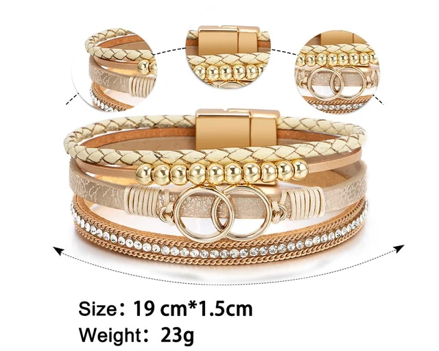 Alt view image 6 of 6 - Leather Wrap Bracelet for Women, Boho Western Layered Cuff Jewelry | Double Circle Khaki, Stackable Bracelets, Easy-On Clasp, Daily Wear, Pairs with Boho Western Outfits, Gift for Women