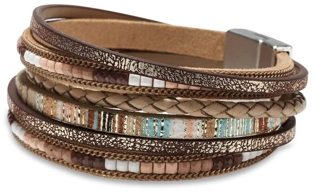 Main image of Leather Wrap Bracelets for Women, Boho Western Layered Jewelry | Layered leather cuff bracelets, Easy on and off, Boho western style, Daily wear, Gift for women, Boho Braid(Brown)