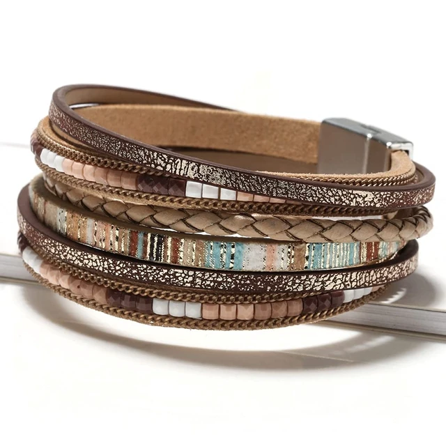 Alt view image 2 of 5 - Leather Wrap Bracelets for Women, Boho Western Layered Jewelry | Layered leather cuff bracelets, Easy on and off, Boho western style, Daily wear, Gift for women, Boho Braid(Brown)