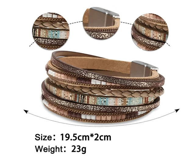Alt view image 5 of 5 - Leather Wrap Bracelets for Women, Boho Western Layered Jewelry | Layered leather cuff bracelets, Easy on and off, Boho western style, Daily wear, Gift for women, Boho Braid(Brown)