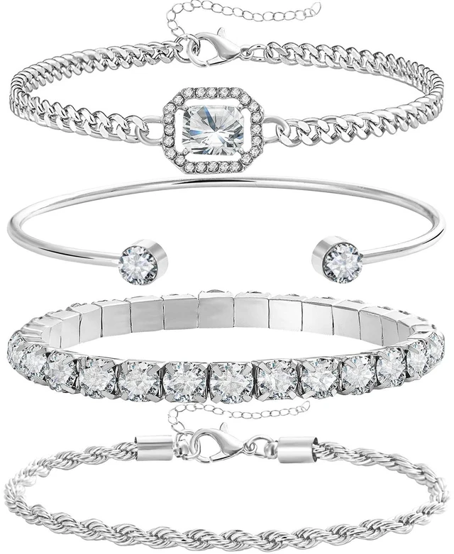 Main image of 4 Pcs Dainty Silver Bracelets Set for Women, 14K Plated Link | Cubic Zirconia Paperclip Bracelet Stake Layering Chain Adjustable Trendy Hand Jewelry