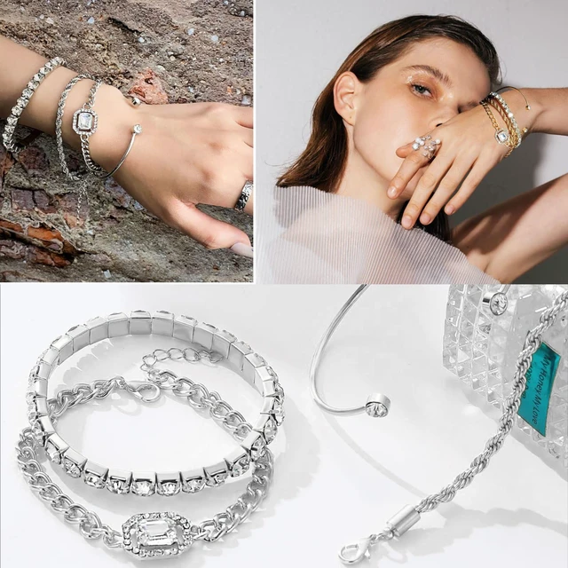 Alt view image 2 of 7 - 4 Pcs Dainty Silver Bracelets Set for Women, 14K Plated Link | Cubic Zirconia Paperclip Bracelet Stake Layering Chain Adjustable Trendy Hand Jewelry