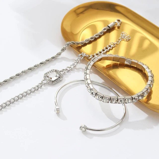 Alt view image 3 of 7 - 4 Pcs Dainty Silver Bracelets Set for Women, 14K Plated Link | Cubic Zirconia Paperclip Bracelet Stake Layering Chain Adjustable Trendy Hand Jewelry