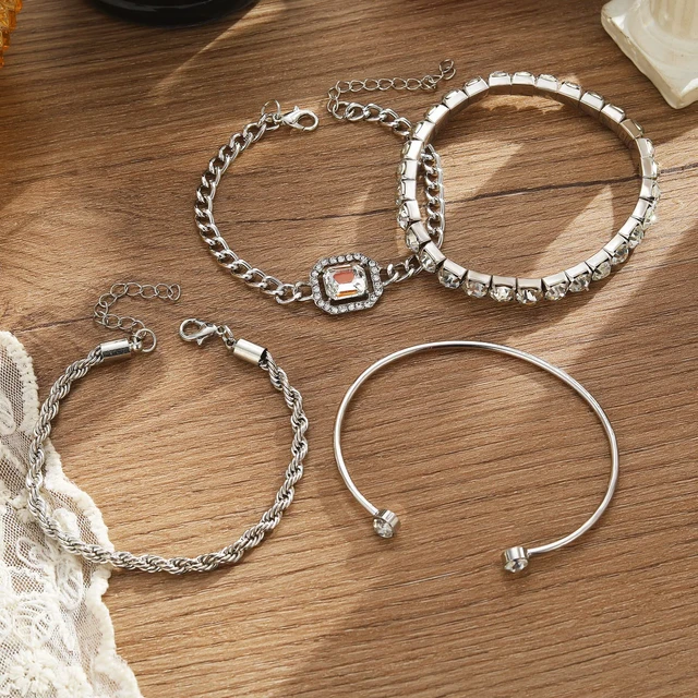Alt view image 4 of 7 - 4 Pcs Dainty Silver Bracelets Set for Women, 14K Plated Link | Cubic Zirconia Paperclip Bracelet Stake Layering Chain Adjustable Trendy Hand Jewelry