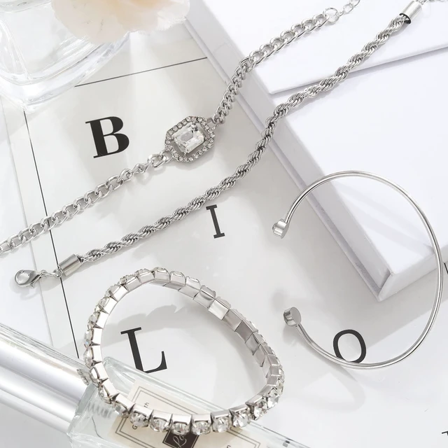 Alt view image 6 of 7 - 4 Pcs Dainty Silver Bracelets Set for Women, 14K Plated Link | Cubic Zirconia Paperclip Bracelet Stake Layering Chain Adjustable Trendy Hand Jewelry