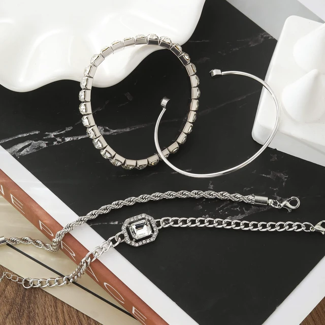 Alt view image 5 of 7 - 4 Pcs Dainty Silver Bracelets Set for Women, 14K Plated Link | Cubic Zirconia Paperclip Bracelet Stake Layering Chain Adjustable Trendy Hand Jewelry