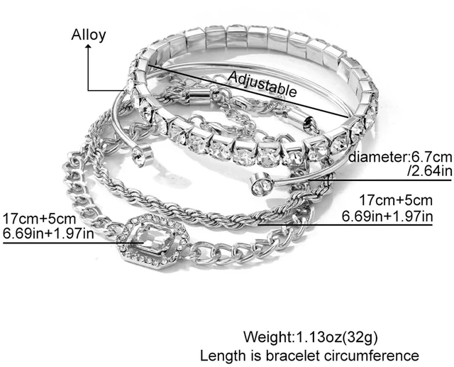 Alt view image 7 of 7 - 4 Pcs Dainty Silver Bracelets Set for Women, 14K Plated Link | Cubic Zirconia Paperclip Bracelet Stake Layering Chain Adjustable Trendy Hand Jewelry
