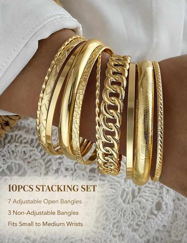 Alt view image 2 of 7 - Gold Bangle Bracelets for Women, Indian Bangles Stackable Set, Multi Layer Textured 18K Gold Plated Chunky Bracelets Boho Jewelrys Set