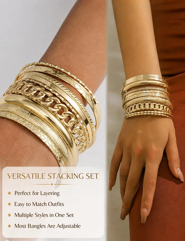 Alt view image 5 of 7 - Gold Bangle Bracelets for Women, Indian Bangles Stackable Set, Multi Layer Textured 18K Gold Plated Chunky Bracelets Boho Jewelrys Set