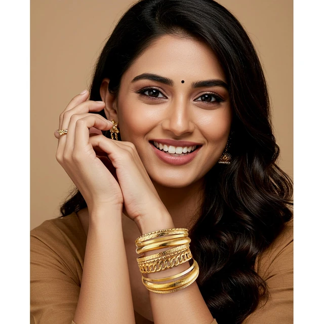 Alt view image 7 of 7 - Gold Bangle Bracelets for Women, Indian Bangles Stackable Set, Multi Layer Textured 18K Gold Plated Chunky Bracelets Boho Jewelrys Set