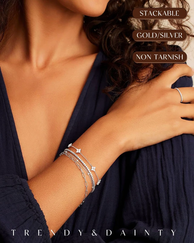 Alt view image 3 of 7 - Dainty Silver Gold Bracelets for Women Trendy Non Tarnish Jewelry | 14K Gold Plated Clover Bracelet Stack, Waterproof Diamond Bracelets for Women, Stackable Heart Cross Evil Eye Charm Bracelets