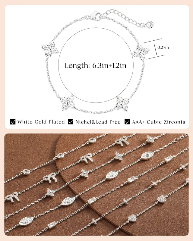 Alt view image 6 of 7 - Dainty Silver Gold Bracelets for Women Trendy Non Tarnish Jewelry | 14K Gold Plated Clover Bracelet Stack, Waterproof Diamond Bracelets for Women, Stackable Heart Cross Evil Eye Charm Bracelets