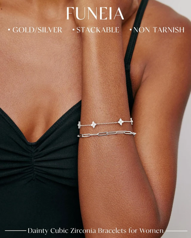 Alt view image 7 of 7 - Dainty Silver Gold Bracelets for Women Trendy Non Tarnish Jewelry | 14K Gold Plated Clover Bracelet Stack, Waterproof Diamond Bracelets for Women, Stackable Heart Cross Evil Eye Charm Bracelets