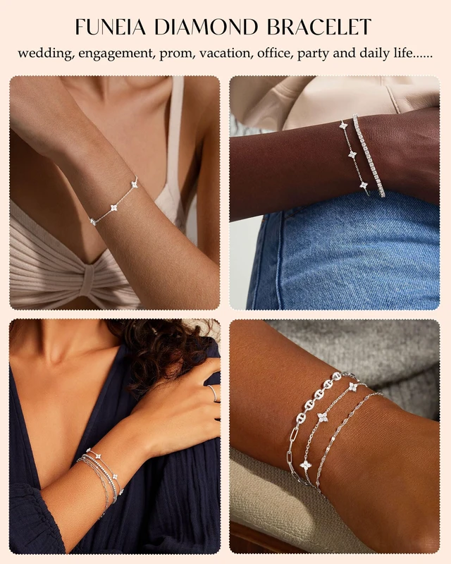 Alt view image 5 of 7 - Dainty Silver Gold Bracelets for Women Trendy Non Tarnish Jewelry | 14K Gold Plated Clover Bracelet Stack, Waterproof Diamond Bracelets for Women, Stackable Heart Cross Evil Eye Charm Bracelets