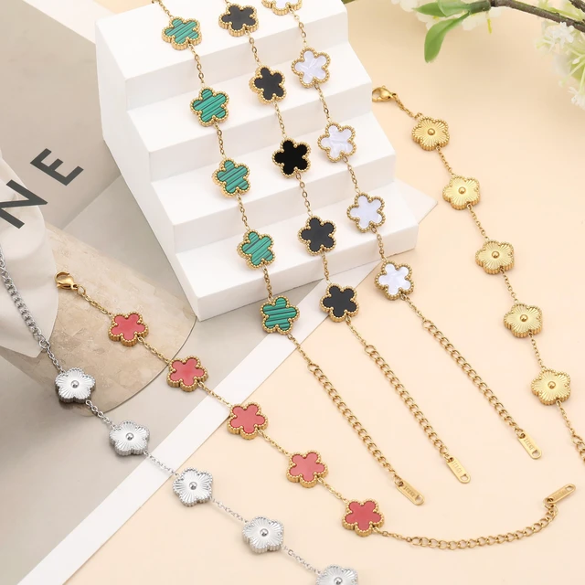 Alt view image 5 of 6 - Four Leaf Clover Bracelet for Women 18K Gold Plated Stainless Steel Lucky 4 Leaf Gold Link Bracelet Jewelry Gift for Women (Gold)