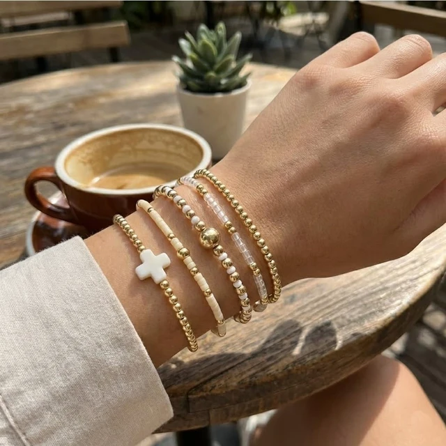 Alt view image 2 of 7 - Gold Bracelets for Women,Beaded Cross Stack,Non Tarnish Set,Set-10 | Gold Beaded Bracelet Stack with Stretch Fit, Waterproof Finish and Dainty Design for Everyday Wear and Gifts