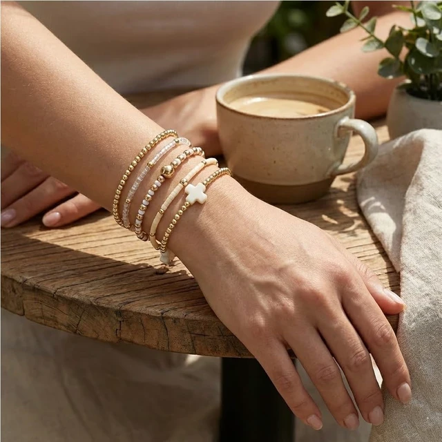 Alt view image 3 of 7 - Gold Bracelets for Women,Beaded Cross Stack,Non Tarnish Set,Set-10 | Gold Beaded Bracelet Stack with Stretch Fit, Waterproof Finish and Dainty Design for Everyday Wear and Gifts